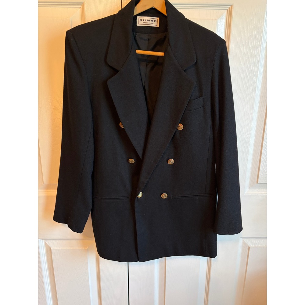 Dumas Black Wool Double Breasted Blazer Gold Crest Button Made in USA Women 8